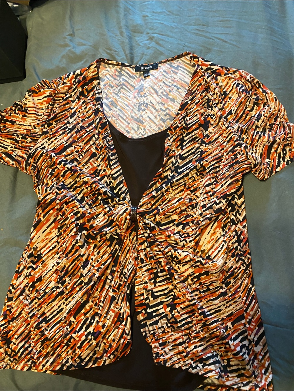 Elementz Abstract Layered Short Sleeve Tunic in Orange, Black & Cream